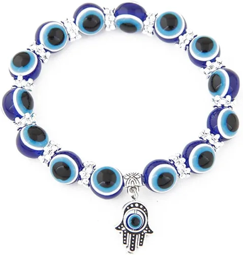 Vista 5 de Caiyao Juego de pulseras multicolor con cuentas de ojo malvado de la suerte amuleto turco Hamsa mal de ojo pulsera elástica elástica para mujeres