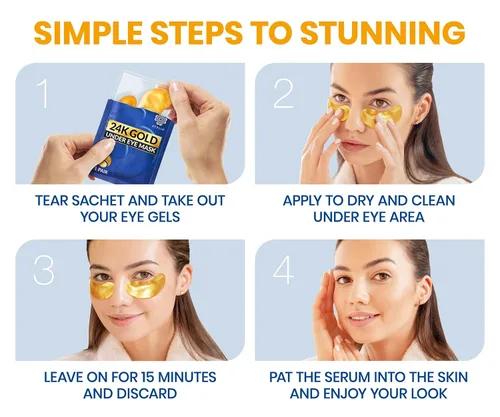 Vista 8 de Stylia Parches para usar debajo de los ojos para ojos hinchados y ojeras (20 pares) – Mascarilla de oro de 24 quilates para usar debajo de los ojos