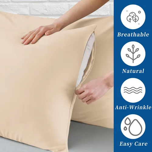 Vista 4 de Juego de 2 protectores de almohada estándar, 100% algodón egipcio con cremallera, 400 hilos, tejido satinado, algodón, color beige, fundas