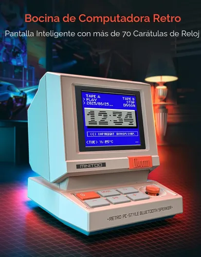 Vista 2 de Divoom MiniToo Retro Altavoz de Computadora de Estilo PC, Pantalla de Pixeles Inteligente con Caras Personalizadas, Bluetooth y Audio USB, Reloj