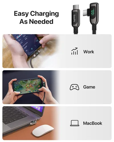 Vista 7 de SOOPII 100W Cable USB C a USB C de Ángulo Recto, Cable de Aleación de Zinc de 1 Pie de Tipo-C Trenzado de Nylon con Pantalla LED para iPad