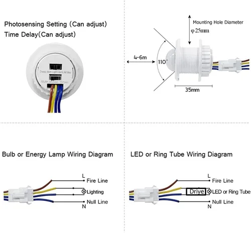 Vista 2 de Mini Interruptor de Luz con Sensor de Movimiento 110-220V Sensor PIR Detección Inteligente Retardo de Tiempo Ajustable Detector de Inducción