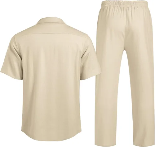 Vista 3 de COOFANDY Conjunto de ropa de lino de 2 piezas para hombre camisa con botones y pantalones sueltos