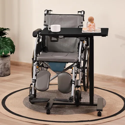Vista 2 de Mesa eléctrica para colocar sobre la cama con ruedas, altura ajustable, mesa auxiliar reclinable, en forma de C, pequeño escritorio para computadora