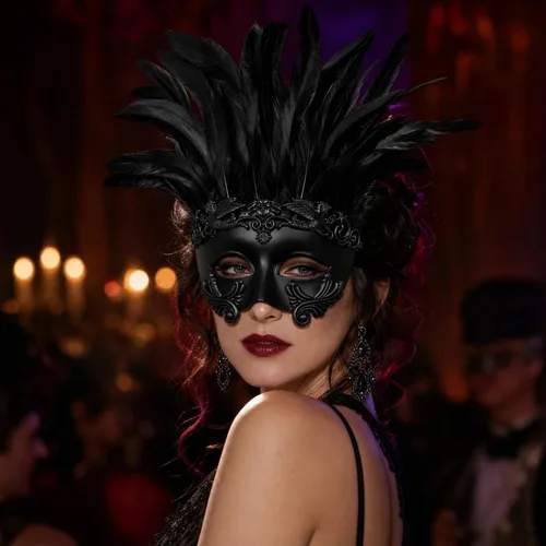 Vista 4 de JPXH Máscara romana para hombre con plumas veneciana para fiesta