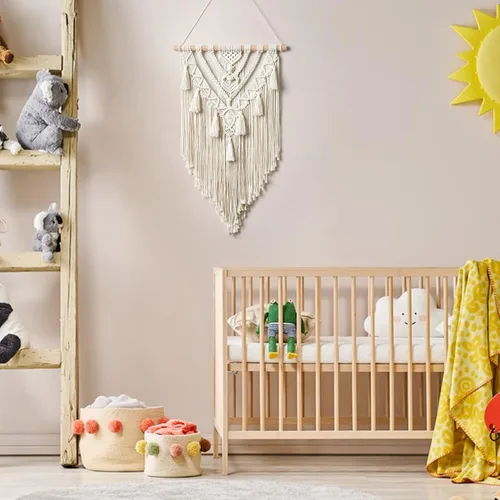 Vista 5 de Dremisland - Tapiz tejido de macramé para colgar en la pared, geométrico estilo boho, beige y gris, de algodón hecho a mano, decoración artística