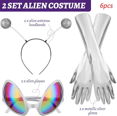 Vista 4 de Kanayu 6 Pcs Halloween Alien Costume for Women Alien Headband Adult Martian Antenna Glasses Metallic Gloves