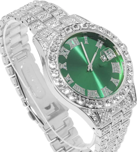 Vista 4 de Halukakah Reloj de diamantes para hombre, Presidente, chapado en oro real de 18 quilates, chapado en oro blanco platino y diamantes helados, 1.654