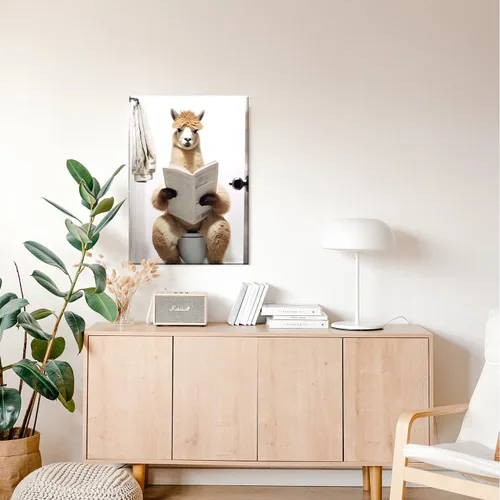 Vista 2 de GLOKAKA Lienzo decorativo para baño, diseño divertido de alpaca sentado en el inodoro, leyendo periódico, arte de pared, humor, granja, animal, arte