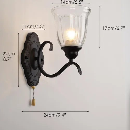 Vista 2 de Lámpara de pared con interruptor de cadena E27, retro, para dormitorio, mesita de noche, apliques de pared con pantalla de metal y vidrio, acabado