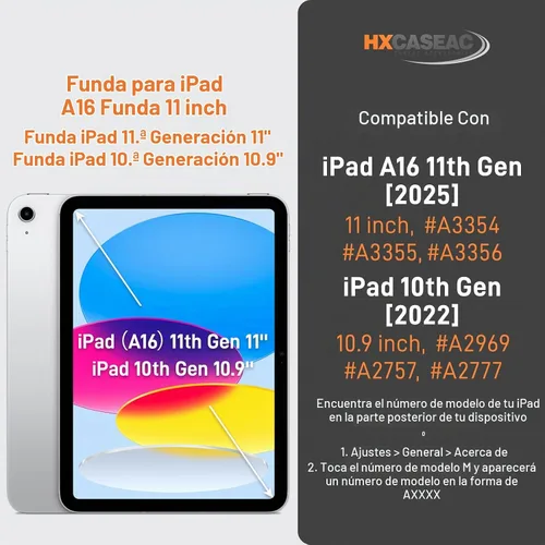 Vista 9 de HXCASEAC - Funda para iPad A16 de 11ª/10ª generación, protección resistente, con protector de pantalla, soporte para lápiz, soporte giratorio