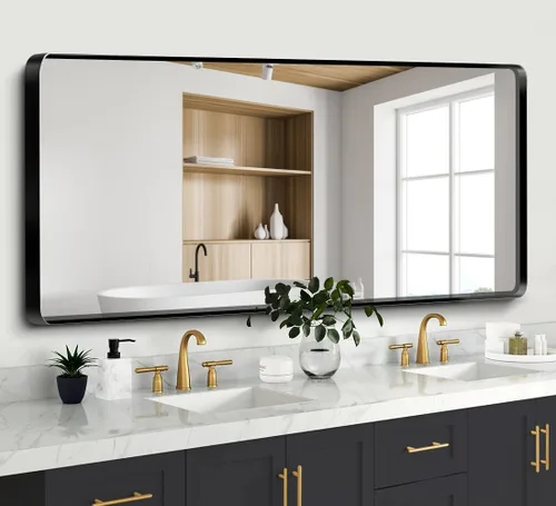 Vista 14 de Espejo de baño de 48 x 36 pulgadas con marco negro mate, espejo antioxidante montado en la pared