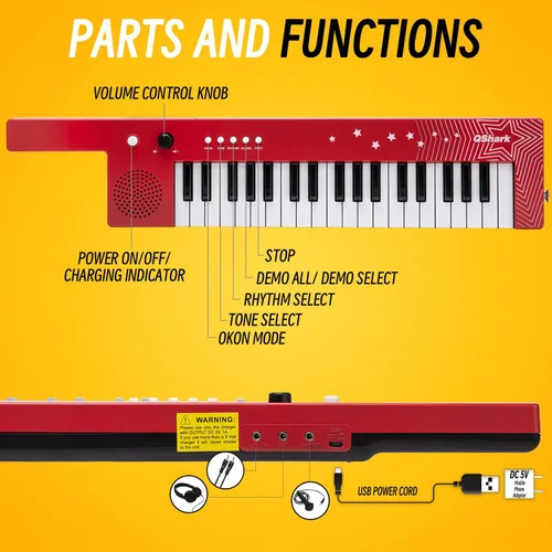 Vista 6 de Teclado de Piano Portátil de 37 Teclas, Juguetes Electrónicos de Karaoke Keytar con Micrófono y Correa de Transporte, 4 Tonos, 4 Ritmos, 10