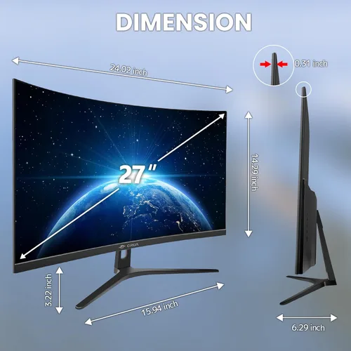 Vista 7 de CRUA Monitor curvo de 27 pulgadas, panel VA FHD (1920 x 1080P), 100 HZ, monitor de computadora profesional 120% sRGB, biseles estrechos en tres