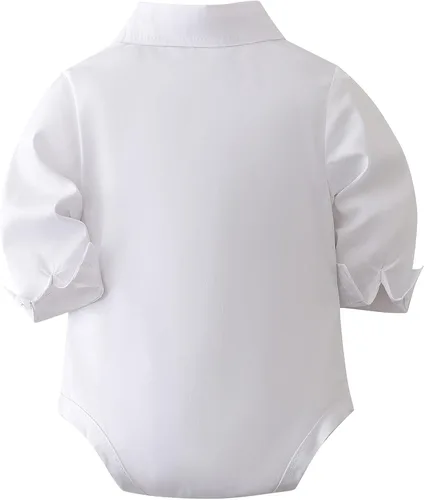 Vista 5 de SALNIER Conjunto de ropa de traje de bebé niño esmoquin trajes de caballero trajes de corbatín camisa tirantes pantalones boina sombrero