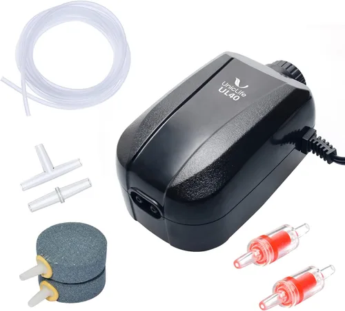Vista 8 de Uniclife Bomba de aire para acuario, aireador de tanque de peces de doble salida con accesorios para tanque de 5-200 galones