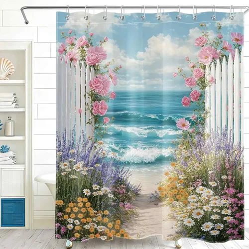 Vista 20 de Cortina de ducha con diseño bohemio de plantas y flores de acuarela sobre fondo beige, cortina de ducha de baño con hojas naturales, cortina