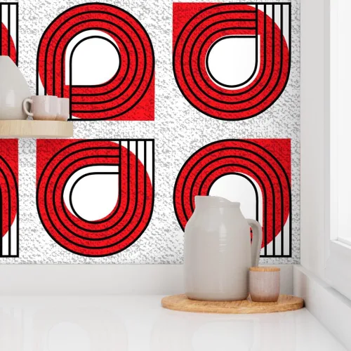 Vista 8 de Muestras de papel tapiz para despegar y pegar, Bauhaus rojo y blanco, moderno, abstracto, geométrico, círculos negros, gráfico, papel tapiz