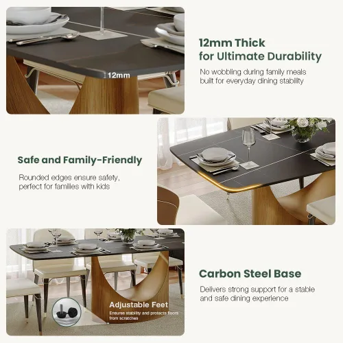 Vista 4 de POVISON Juego de mesa de comedor para 4, mesa rectangular negra de piedra sinterizada mate de 63 pulgadas con base de acero al carbono bronce, silla