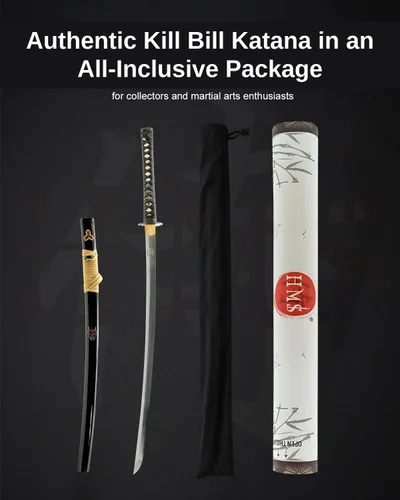 Vista 5 de HMS Fully Functional Hattori Hanzo Katana Sword, 1045 Carbon Steel, Hand Forged Heat Tempered, Full Tang, Sharp, Black Scabbard