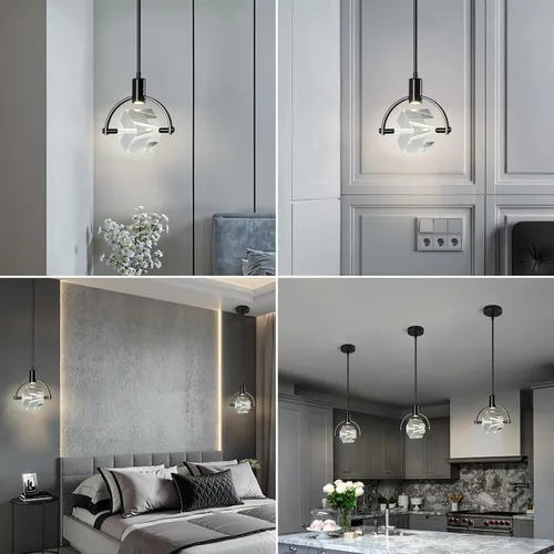 Vista 7 de Lámpara colgante de techo para isla de cocina, moderna mini luz colgante LED integrada, lámpara colgante de cristal en negro, dormitorio, comedor