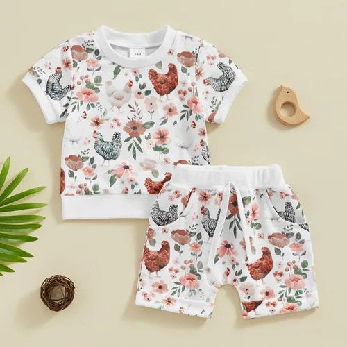 Vista 2 de SHUING Sudadera de manga larga con estampado de pollitos y flores, 2 piezas, ropa de otoño e invierno