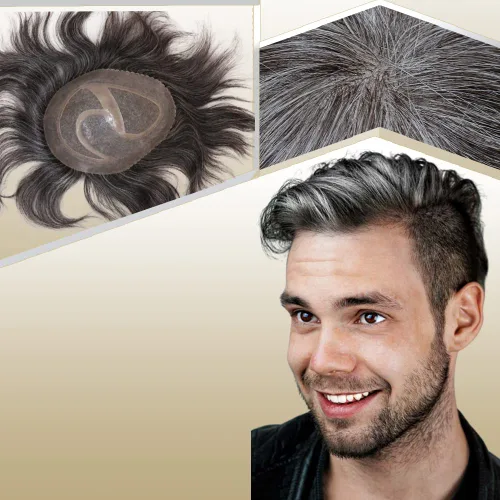 Vista 11 de Toupee para hombres sistemas de reemplazo de cabello humano real europeo para hombres, postizos finos, centro de encaje, piel más gruesa, pieza