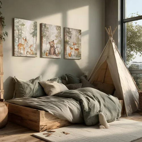 Vista 3 de Cyebmo Juego de 3 pinturas enmarcadas de animales del bosque, decoración de pared de animales salvajes del bosque, decoración de pared, pintura