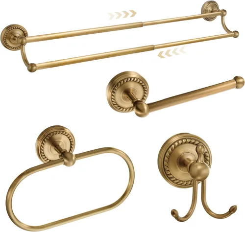 Vista 10 de Juego de 4 Piezas de Accesorios de Baño de Latón Antiguo Dorado Montados en la Pared Toallero y Anillo para Toallas y Portapapel Higiénico y Gancho