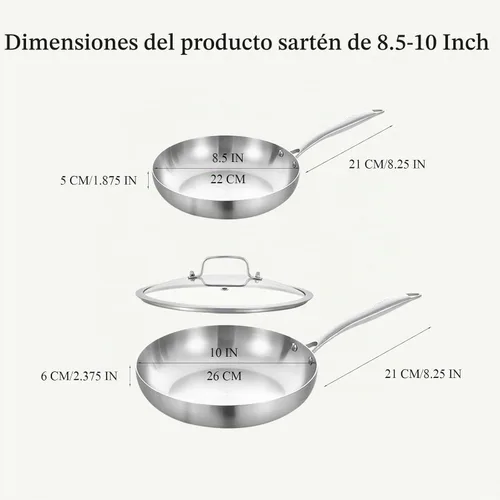 Vista 9 de Inqibee Juego de sartenes de acero inoxidable 8.5-10 con tapa, mango