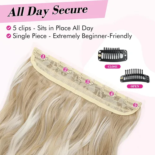 Vista 3 de REECHO Extensiones de cabello rubio, extensiones de una pieza con clip de 20" para mujer, extensiones de cabello sintético suave y natural con ondas