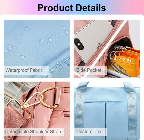 Vista 5 de Bolsa de lona personalizada rosa personalizada gimnasio viaje bolsa deportiva nombre bordado seco húmedo bolsas separadas regalo de dama de honor