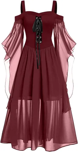 Vista 2 de SHOPESSA Disfraz medieval para mujer con corsé, ropa gótica, vestido de corsé steampunk con hombros descubiertos, vestido largo de manga de mariposa