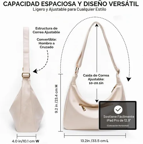 Vista 2 de Hobo Bags for Women Soft Vegan Leather Slouchy Shoulder Bag Everyday Purse Beige