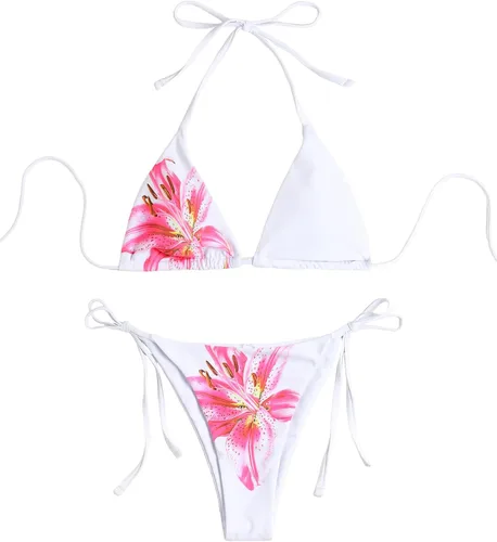 Vista 30 de ZAFUL Bikinis triangulares estampados para mujer, 2 piezas, bikini halter, traje de baño de corte alto, traje de baño con lazo lateral 0-negro a