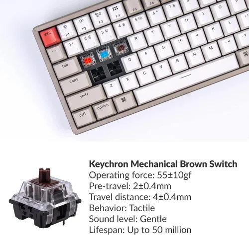 Vista 8 de Keychron Teclado mecánico inalámbrico K2 75% Layout Bluetooth con teclas retro de doble disparocable tipo C, interruptor marrón mecánico Keychron