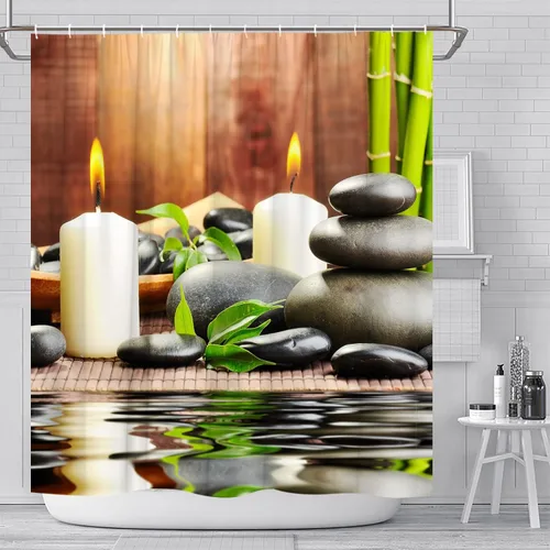 Vista 4 de Cortina de ducha de tela de poliéster, decoración de spa por baño, decoración de jardín zen para baño, diseño mágico japonés, velas de bambú, verde