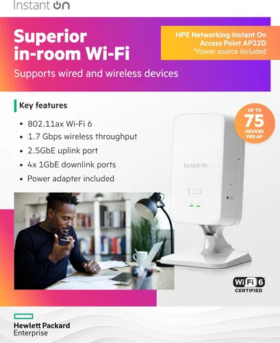 Vista 3 de Punto de acceso HPE Networking Instant On AP22D 2x2 WiFi 6 para interiores Soporte de malla inteligente, seguro, para una sola habitación Fuente