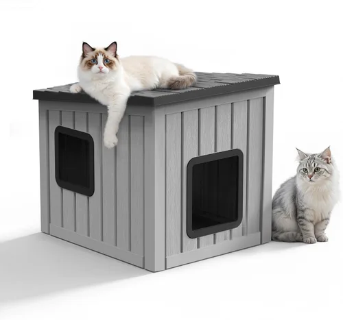 Vista 9 de PatioZen Cama para gatos de interior, casa en cubo, resistente a la intemperie, refugio aislado de plástico con suelo elevado, apilable