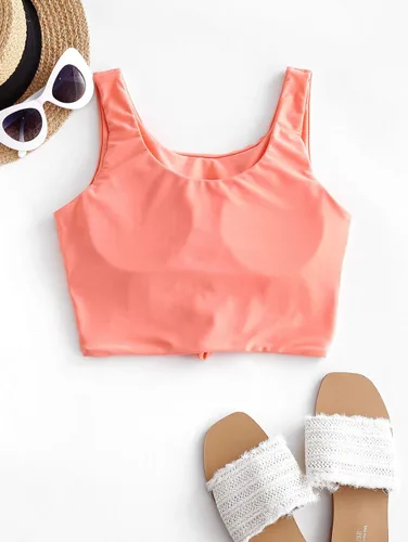 Vista 6 de ZAFUL Women's Front Knot Bikini Tops Crop Tankini Top Scoop Neck Padded Bathing Suit Tops