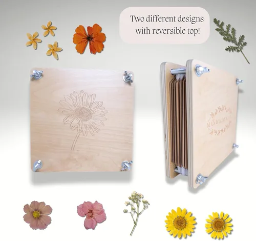 Vista 6 de Mandylan & Co. LLC Prensa de flores con parte superior reversible, 8 capas de preservación de flores de madera para flores secas con bolsa de lona