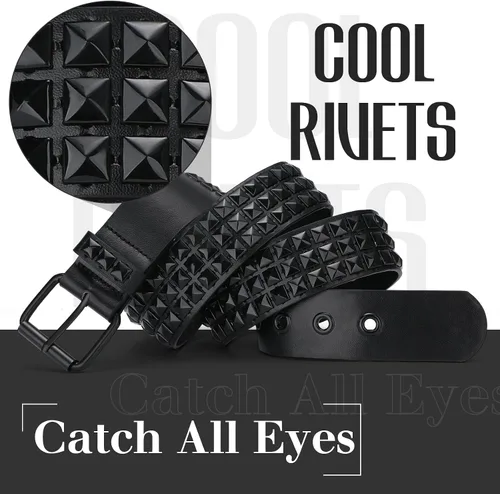 Vista 4 de WHIPPY Mujeres Hombres Remache Cinturón Pyramid Square Bead PU Cuero Punk Rock Ojal Cinturón para Jeans Negro