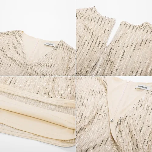 Vista 5 de JASAMBAC Vestido de lentejuelas para mujer, vestido de manga corta con purpurina brillante, cuello en V, vestido ajustado para fiesta de discoteca