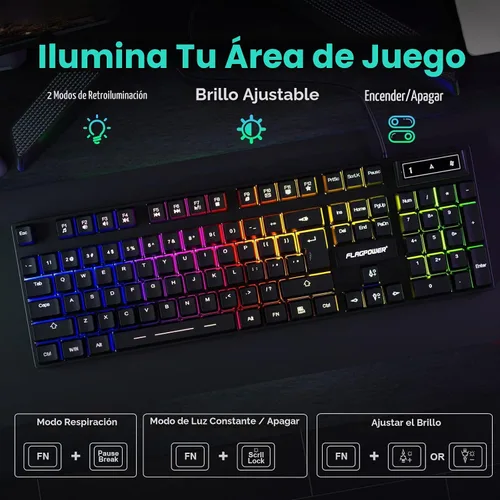 Vista 2 de Combo de teclado y mouse para juegos RGB, teclado mecánico con retroiluminación ajustable de 4 colores y mouse con retroiluminación de 4800DPI