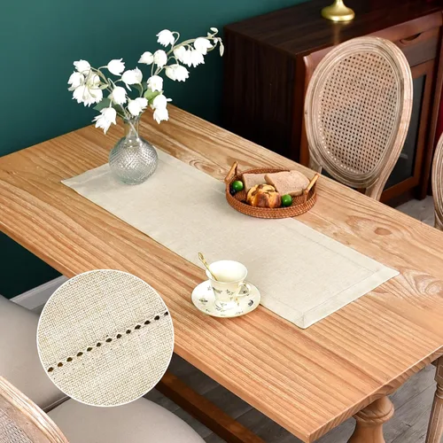 Vista 7 de NEWISHER Camino de mesa rústico de lino sintético con borde de vainica, decoración de mesa rectangular beige sólido para comedor, mesa auxiliar