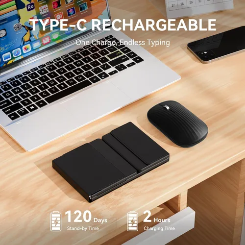 Vista 4 de Teclado y mouse plegables, combo de teclado Bluetooth inalámbrico plegable recargable USB-C, teclado y mouse de viaje portátil de tamaño completo