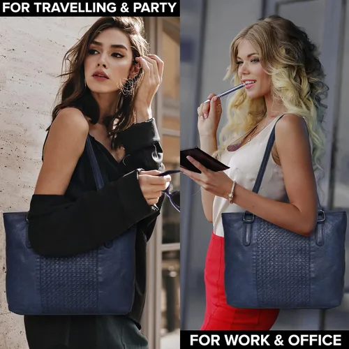 Vista 8 de Bolso de hombro de cuero genuino para mujer, con asa superior, para viaje, bolso vintage de diseñador para mujer, Azul desteñido, Vintage