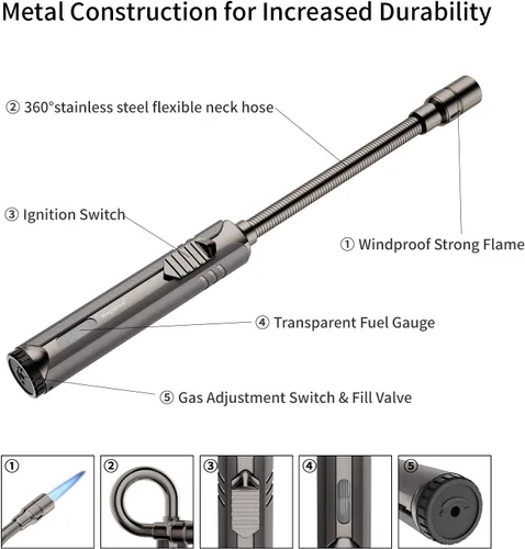 Vista 4 de Encendedor de butano Megainvo, antorcha larga recargable, con ventana visual de combustible, cuello flexible, resistente al viento, para parrilla