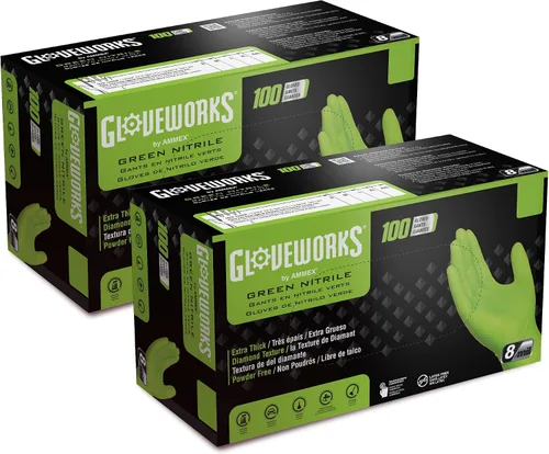 Vista 8 de GLOVEWORKS Green Nitrile Gloves 8 Mil Heavy Duty Texture Chemical Resistant