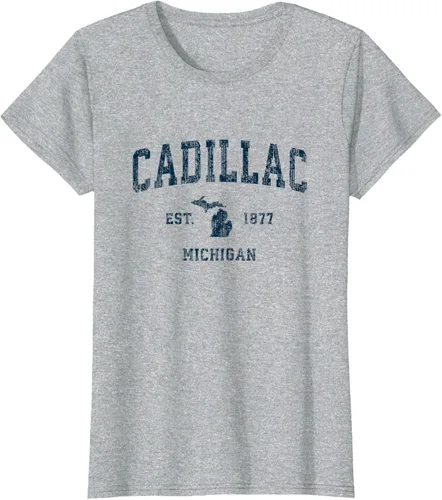 Vista 21 de Cadillac Michigan MI Vintage Sports Design Navy Print Camiseta